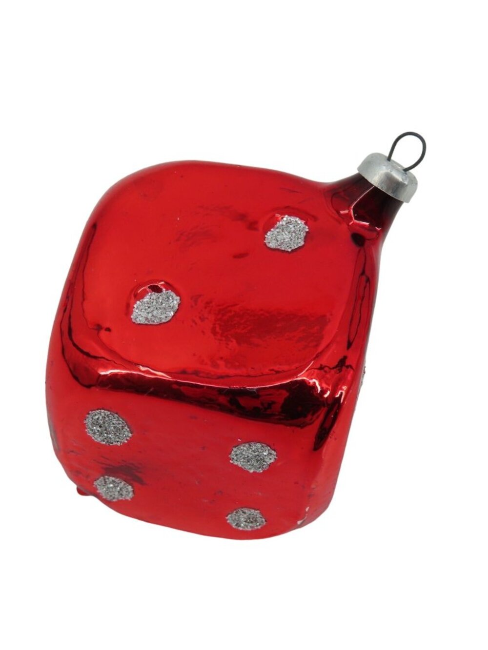 Antique West Germany Red Silver Glitter Casino Die Dice Glass Ornament Christmas